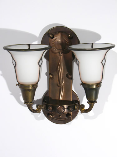 Art Nouveau Double Arm Sconces w/Leaded Glass Shades